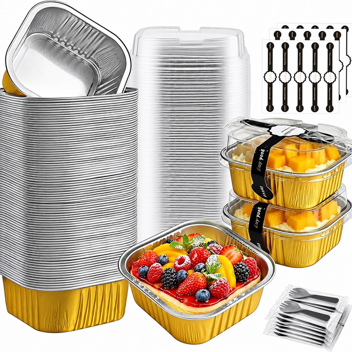 🧁 30-Pack Mini Aluminum Foil Cake Pans Bakeware Set with Plastic Lids 5oz