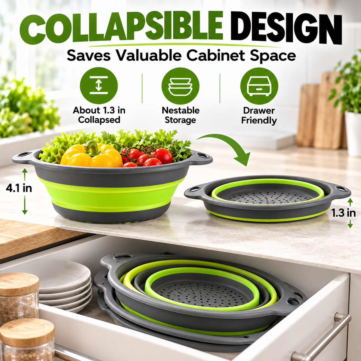🥗 3-Piece Collapsible Colander Set – Self-Draining & Space-Saving Kitchen Strainers ✨