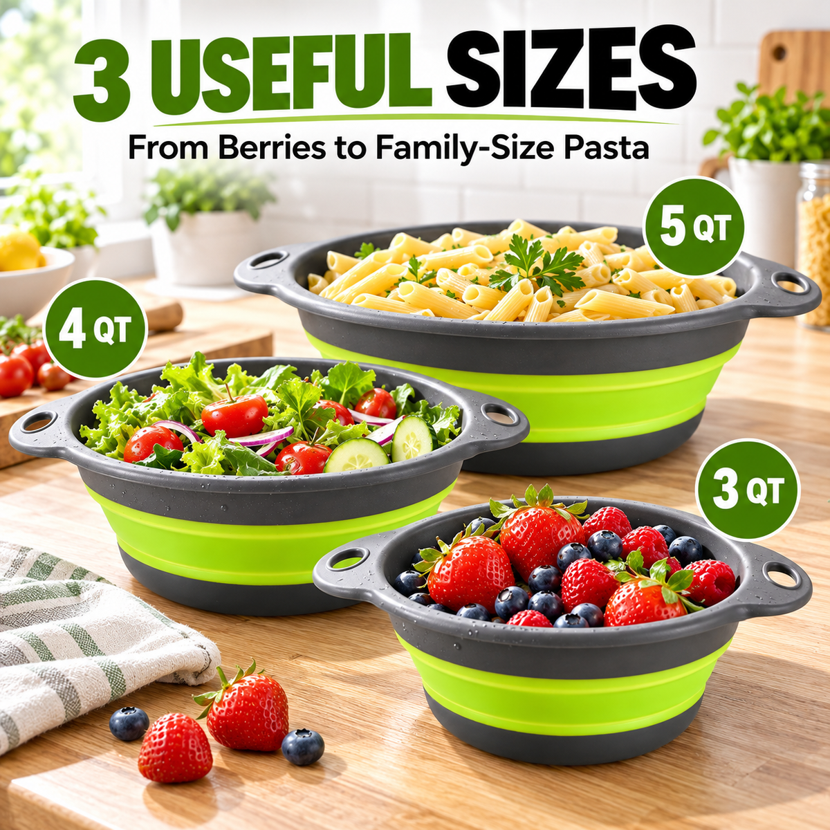 🥗 3-Piece Collapsible Colander Set – Self-Draining & Space-Saving Kitchen Strainers ✨