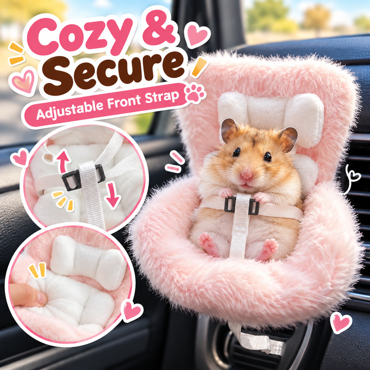 🔥Buy three get one free🐹 Mini Hamster Car Seat & Co-Pilot Feeding Perch – Universal Air Vent Mount & Safety Harness for Small Pets
