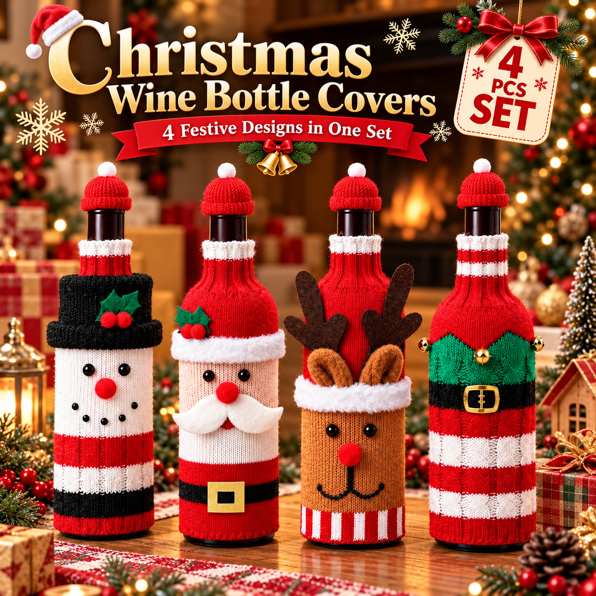 🎄 4-Piece Christmas Wine Bottle Covers Set 🎅 – Santa Snowman Reindeer & Elf Holiday Decor 🍷