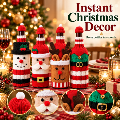 🎄 4-Piece Christmas Wine Bottle Covers Set 🎅 – Santa Snowman Reindeer & Elf Holiday Decor 🍷