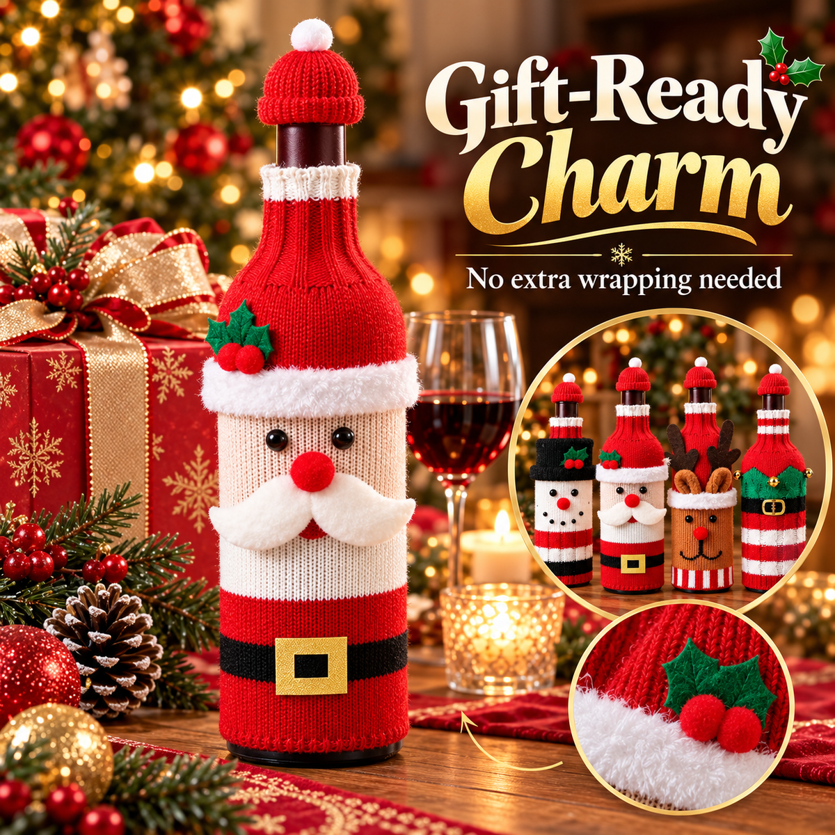 🎄 4-Piece Christmas Wine Bottle Covers Set 🎅 – Santa Snowman Reindeer & Elf Holiday Decor 🍷