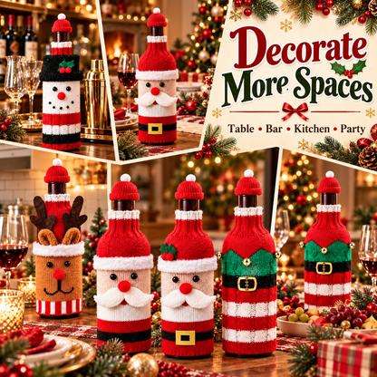 🎄 4-Piece Christmas Wine Bottle Covers Set 🎅 – Santa Snowman Reindeer & Elf Holiday Decor 🍷