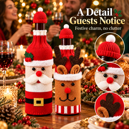 🎄 4-Piece Christmas Wine Bottle Covers Set 🎅 – Santa Snowman Reindeer & Elf Holiday Decor 🍷