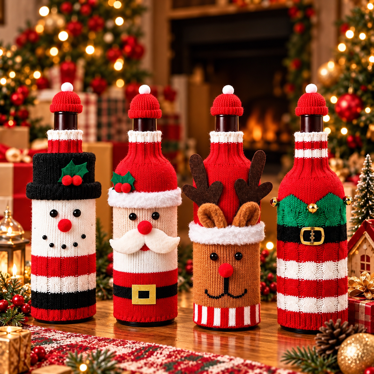 🎄 4-Piece Christmas Wine Bottle Covers Set 🎅 – Santa Snowman Reindeer & Elf Holiday Decor 🍷