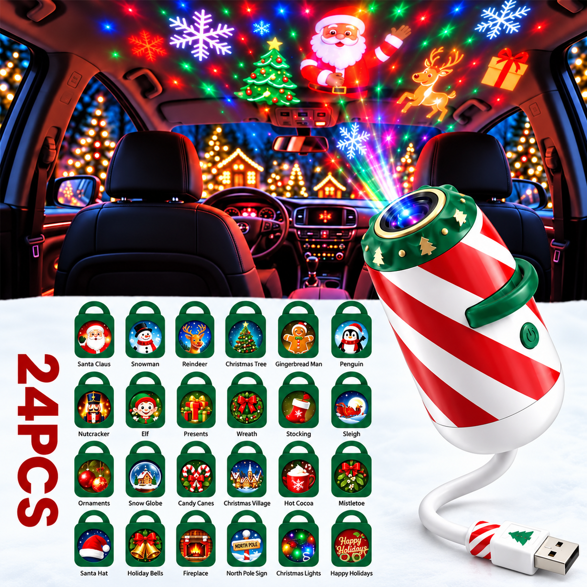 🎄 USB Christmas Car Projector Light 🎅✨ – Festive Holiday Window & Interior Projection for Cars 🚗