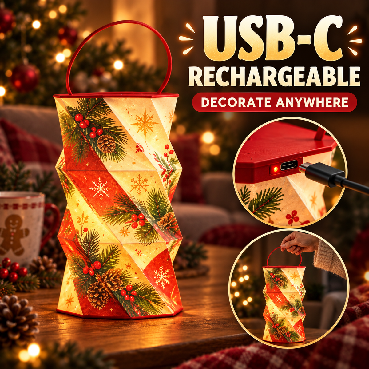 ✨ Foldable Rotating Lantern with Stepless Dimming | USB-C Rechargeable Holiday Ambient Light