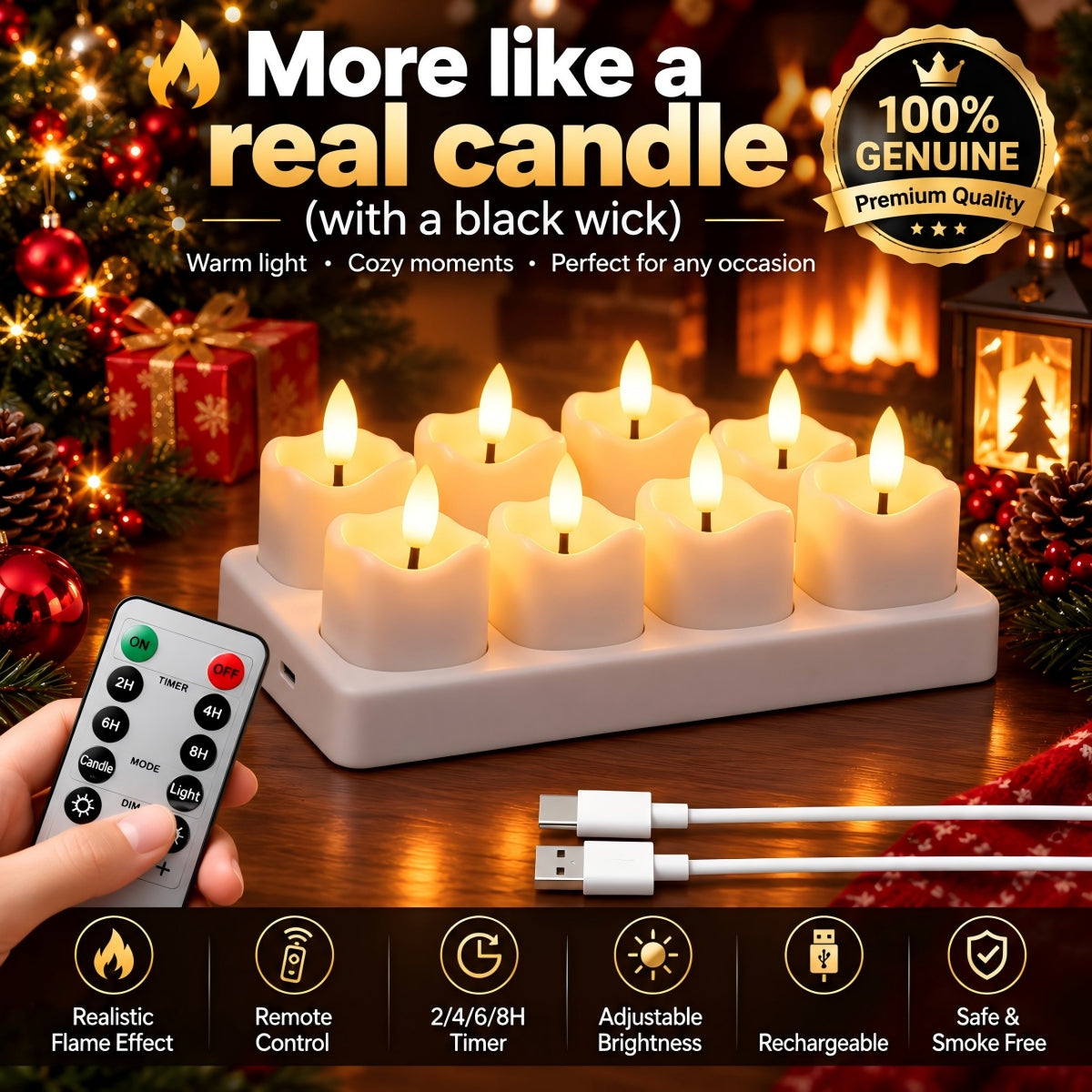 Rechargeable USB-C LED Flameless Tealight Candle with Remote Control
