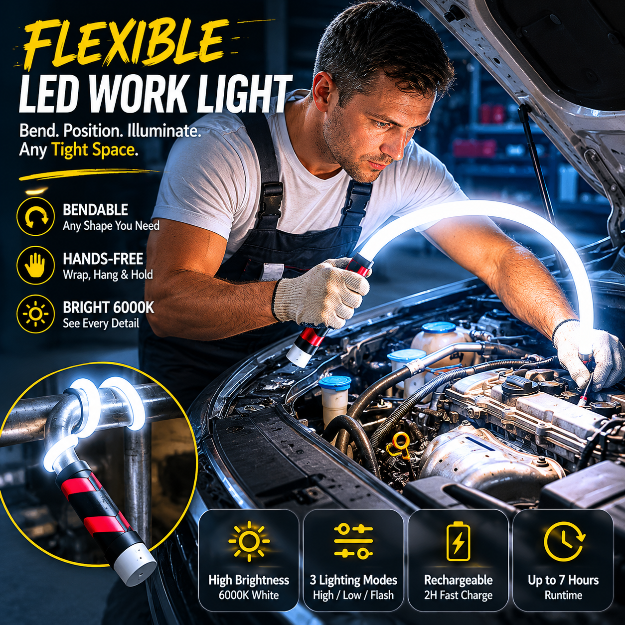 Flexible LED Light Stick 30", Rechargeable Bendable Work Light with 3 Modes High Lumen