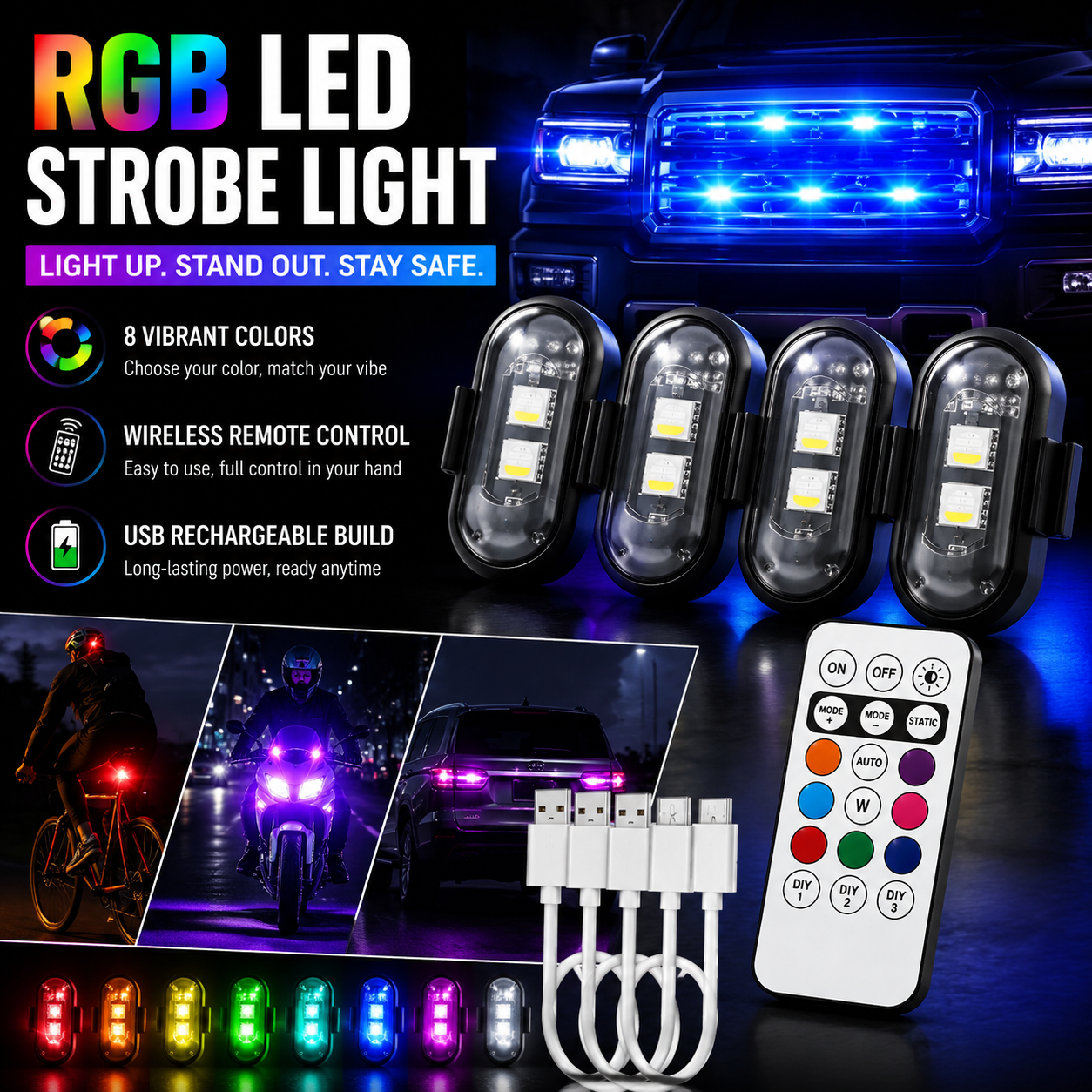 🚨 Remote Wireless RGB LED Strobe Light