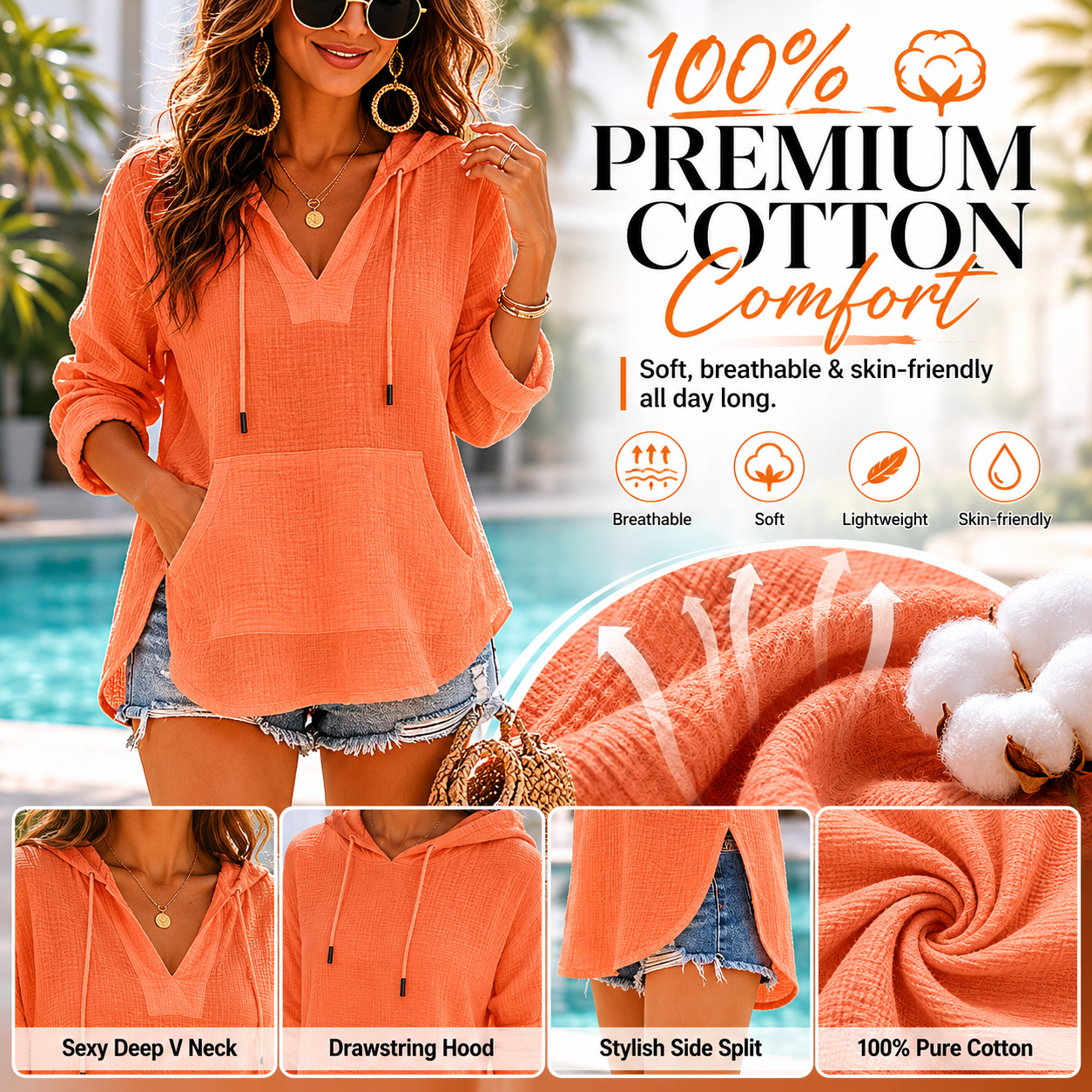 Women's V-Neck Beach Cover-Up Hoodie 🏖️🐚