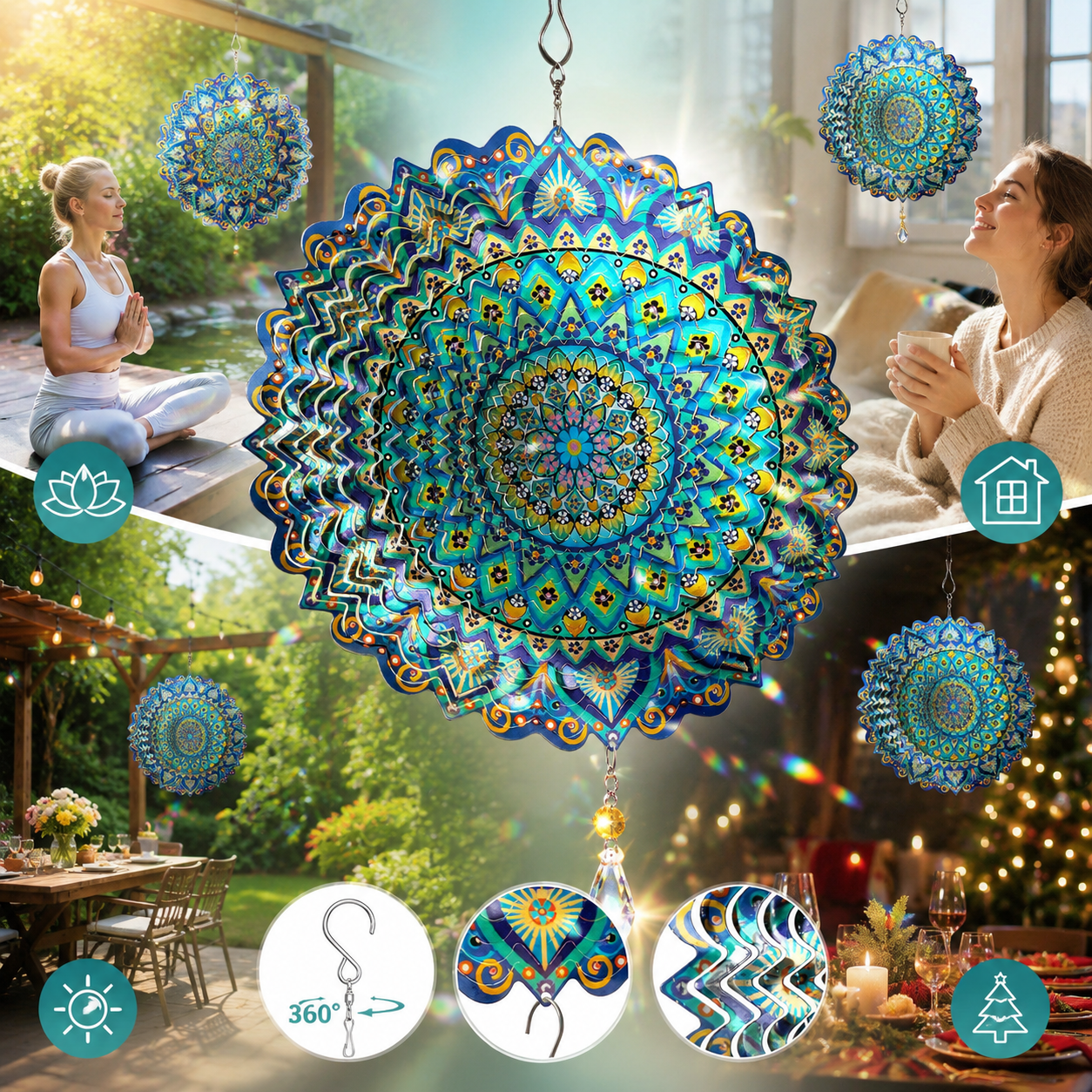 🌀 12-Inch Mandala Peacock 3D Kinetic Wind Spinner