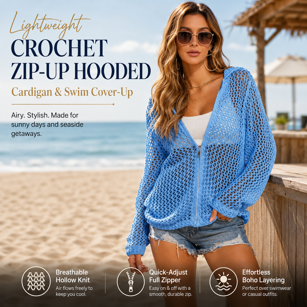 Lightweight Crochet Zip-Up Hooded Cardigan & Swim Cover-Up 🌊