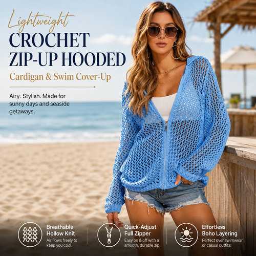 Lightweight Crochet Zip-Up Hooded Cardigan & Swim Cover-Up 🌊
