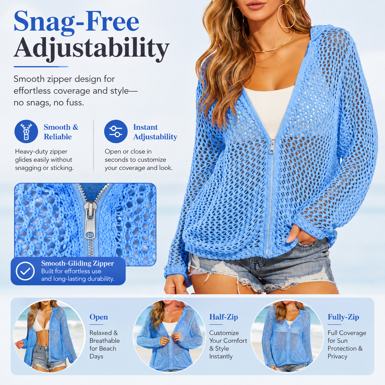 Lightweight Crochet Zip-Up Hooded Cardigan & Swim Cover-Up 🌊