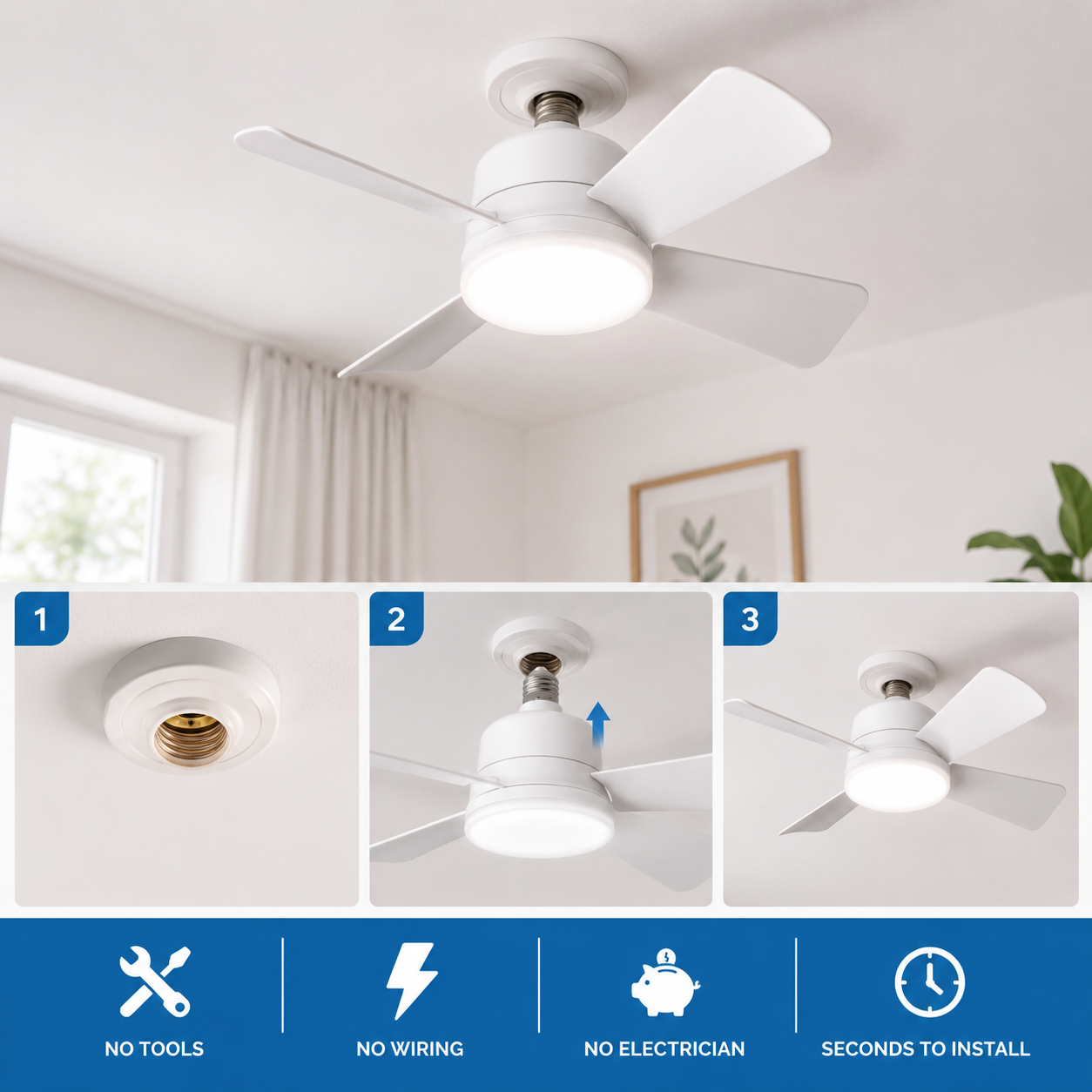 2-in-1 Socket Ceiling Fan & LED Light with Remote 💡🌀