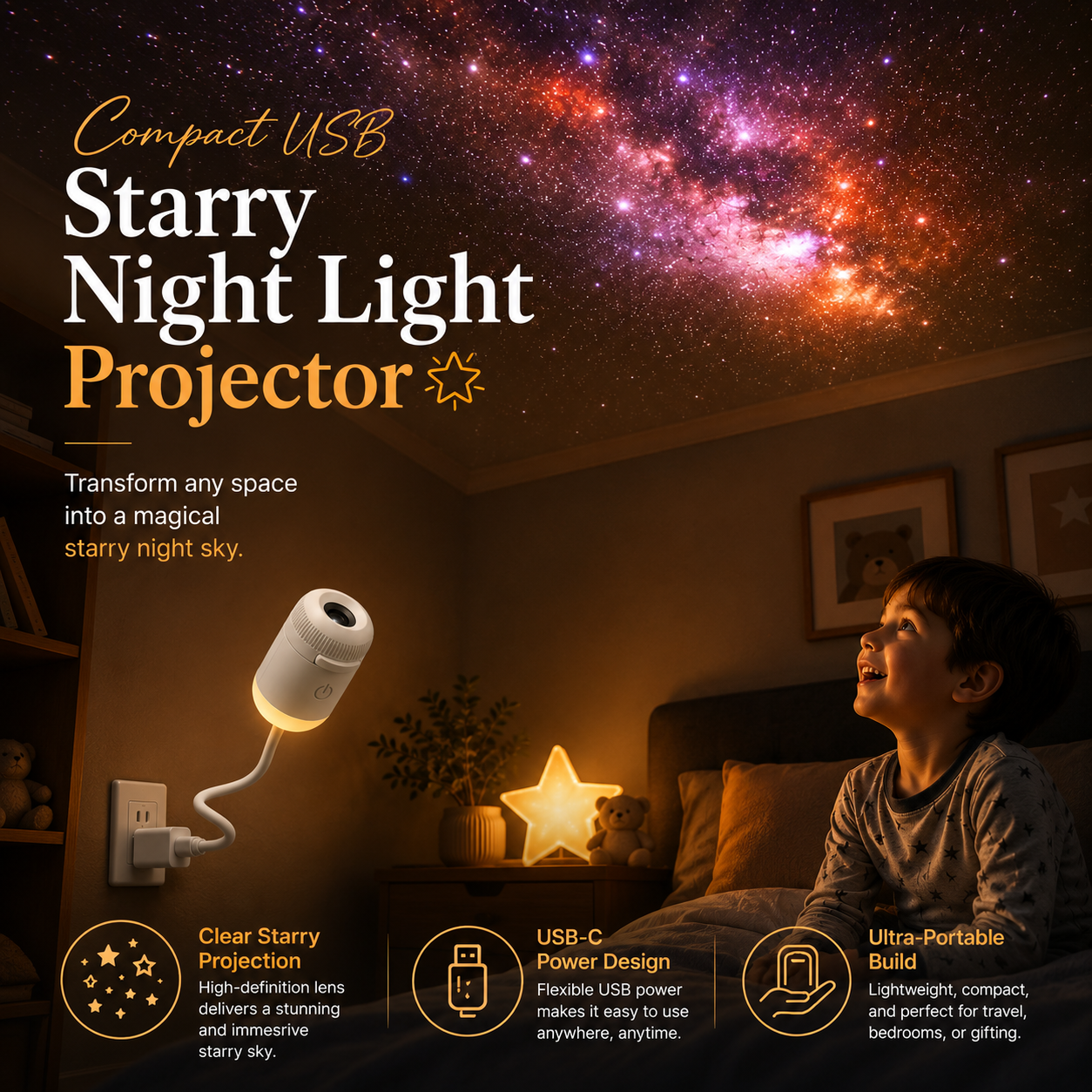 Compact USB Starry Night Light Projector ✨🌌