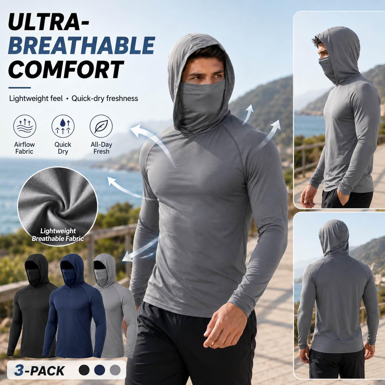 Men's Lightweight Sun Protection Hoodie （3-Pack）☀️🧥