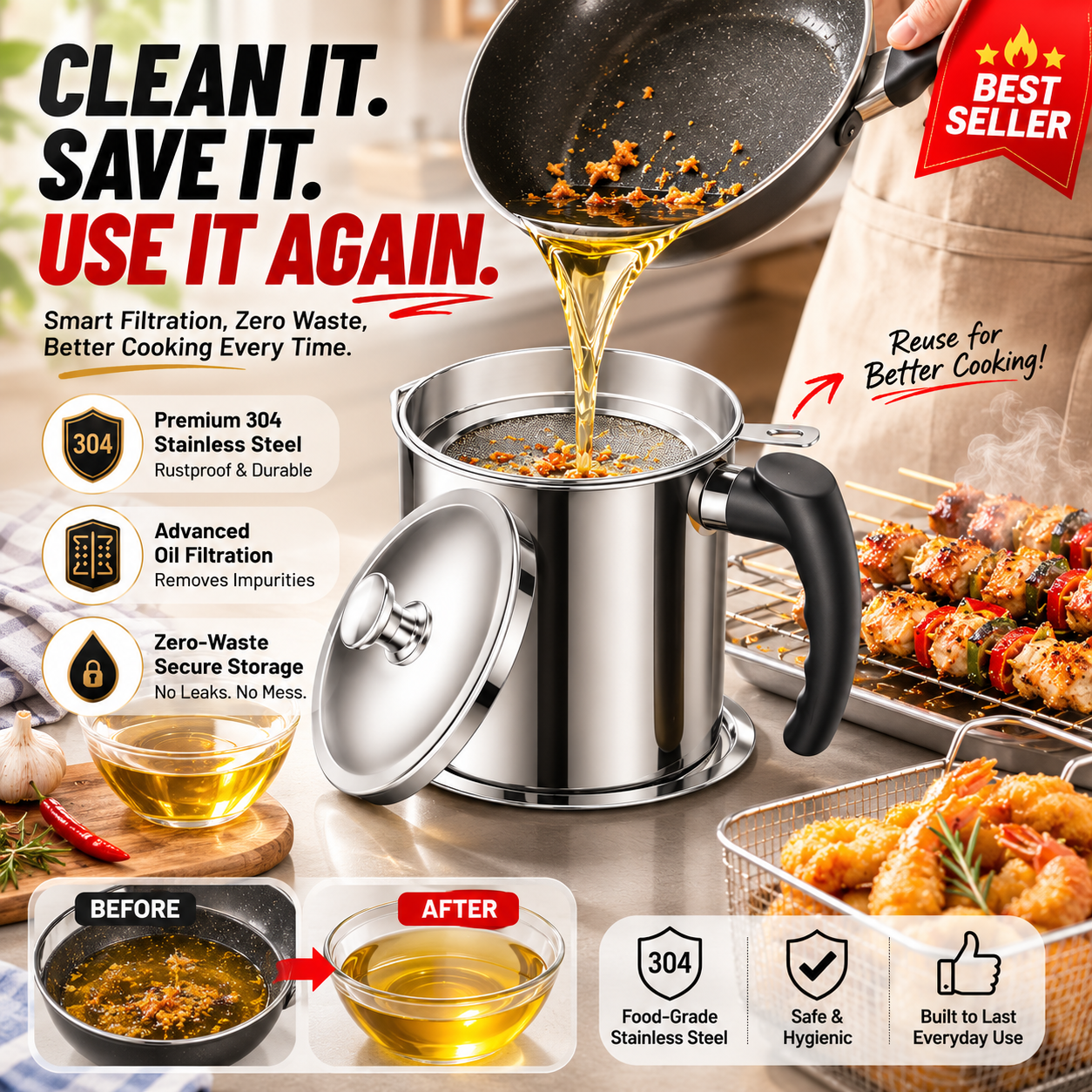 Modern Stainless Steel Oil Dispenser & Grease Container