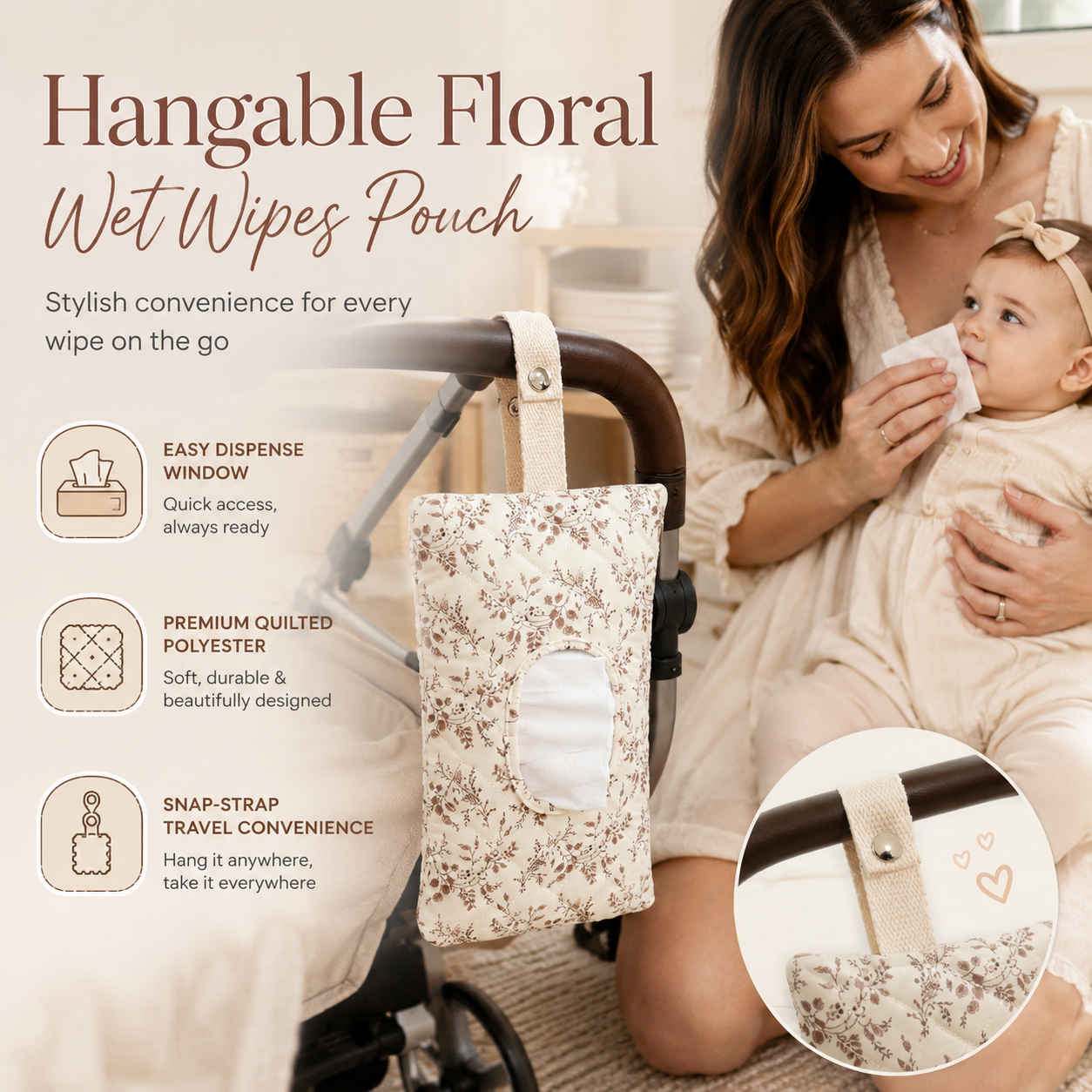 Hangable Floral Quilted Wet Wipes Pouch