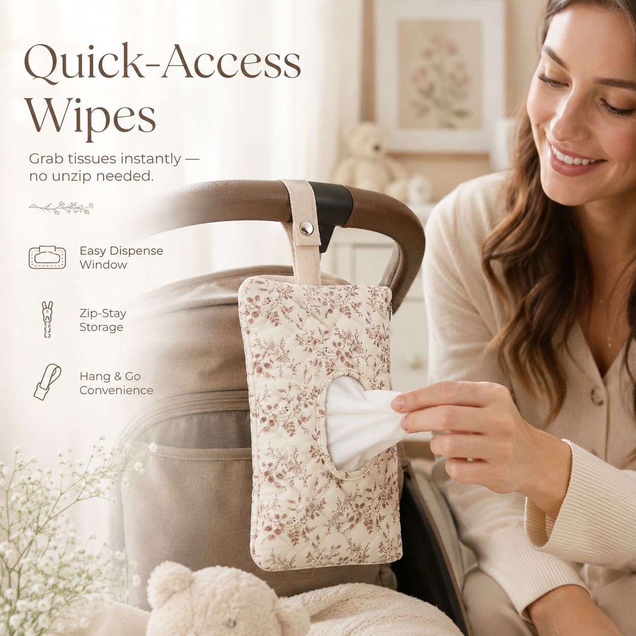 Hangable Floral Quilted Wet Wipes Pouch