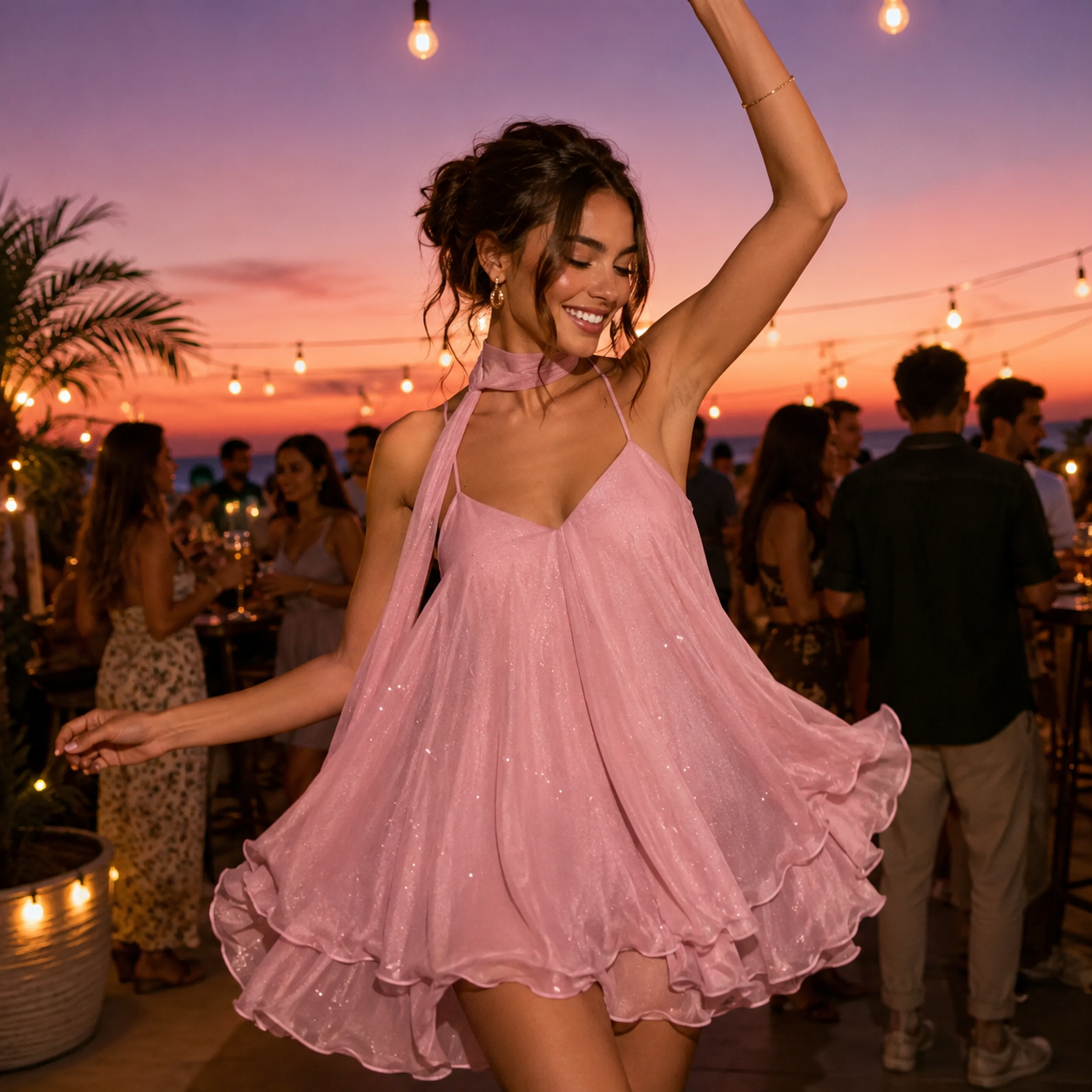 Women's V-Neck Halter Ruffled Mini Dress