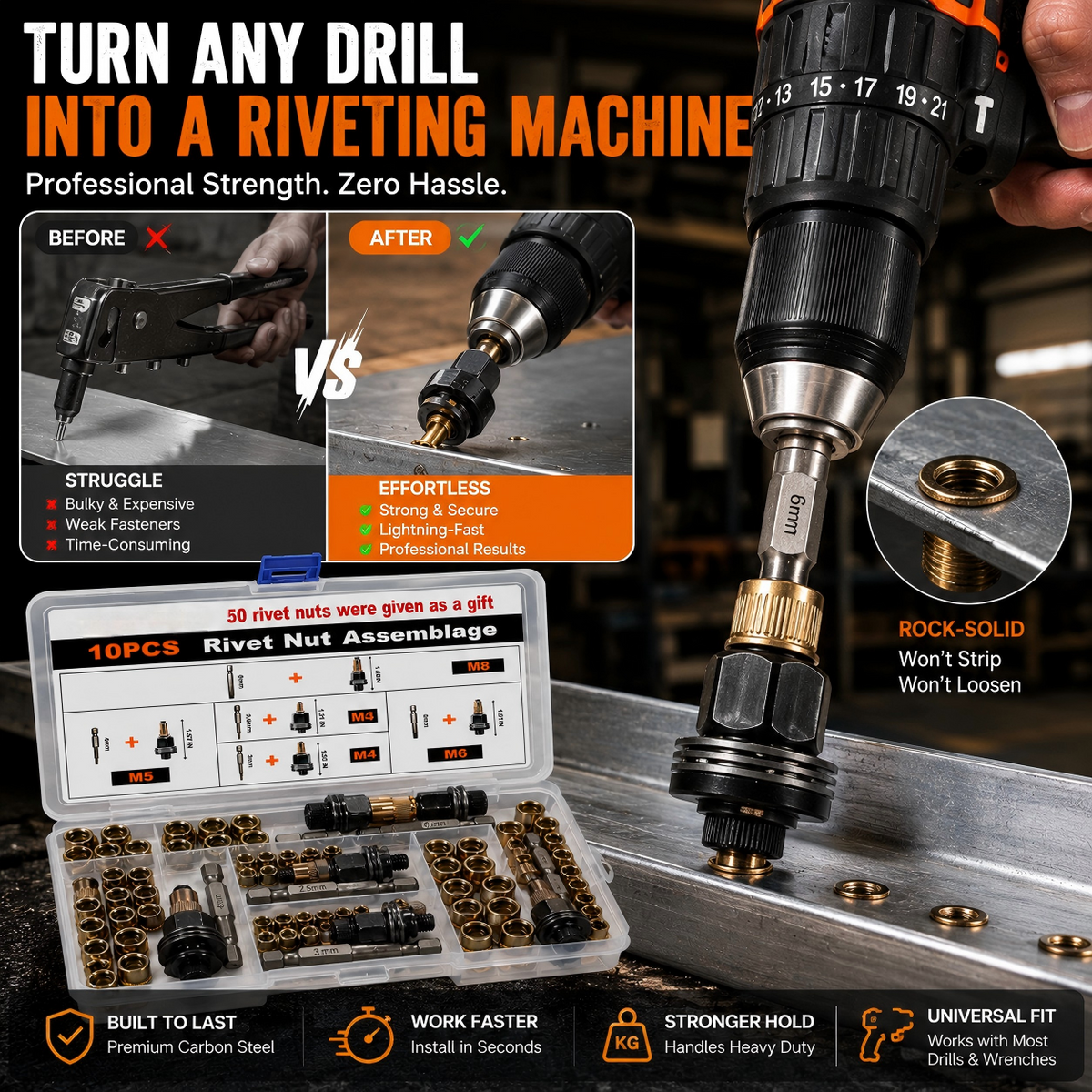 Heavy-Duty Rivet Nut Tool Drill Adapter Kit