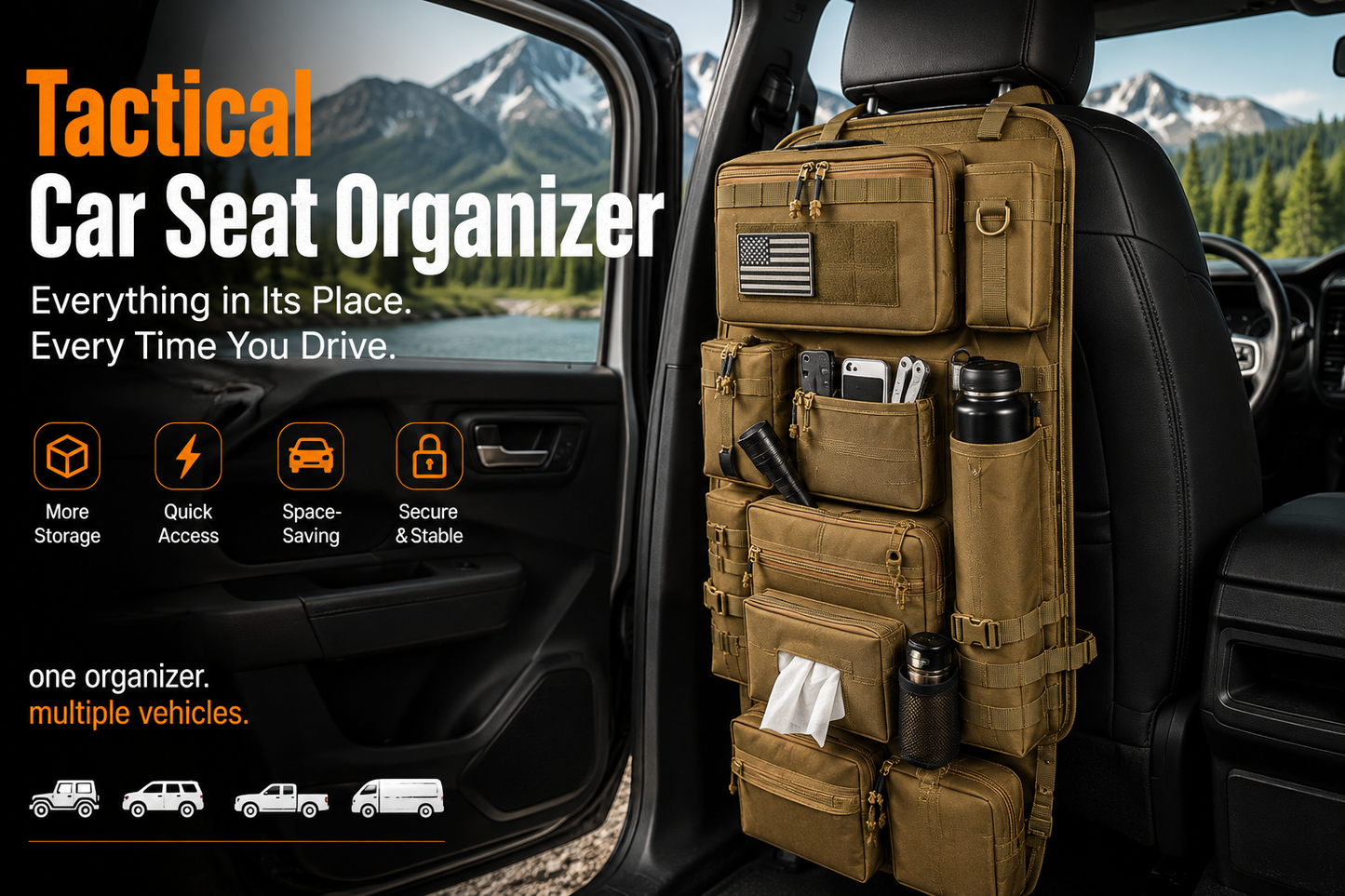 Tactical Car Seat Organizer – Keep Every Essential Ready 🚗