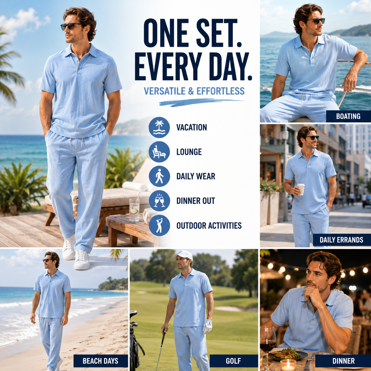 Men's Breathable Cotton Linen Resort Polo & Pants 2-Piece Set