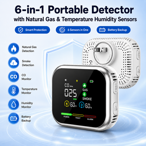 6-in-1 Portable Detector with Natural Gas & Temperature Humidity Sensors