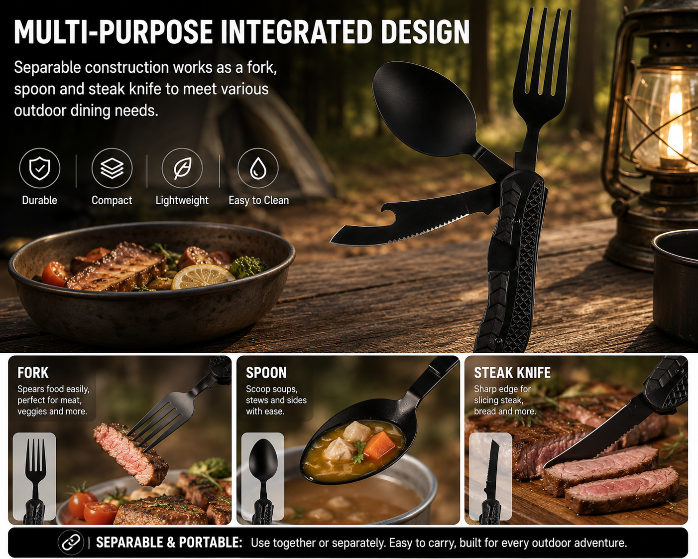 Folding Knife with Fork &amp; Spoon Set-The Ultimate Outdoor Dining Tool for camping &amp; Adventure