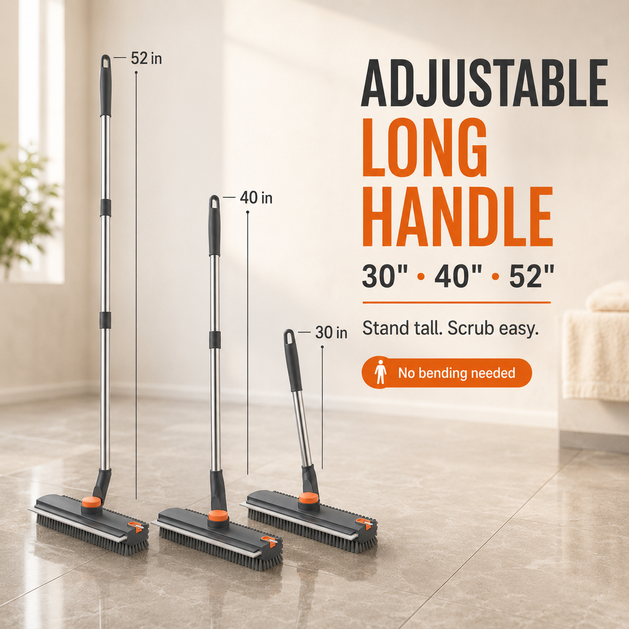 3-in-1 Floor Scrub Brush | 360° Head & 52-In Handle