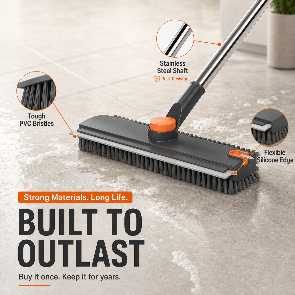 3-in-1 Floor Scrub Brush | 360° Head & 52-In Handle