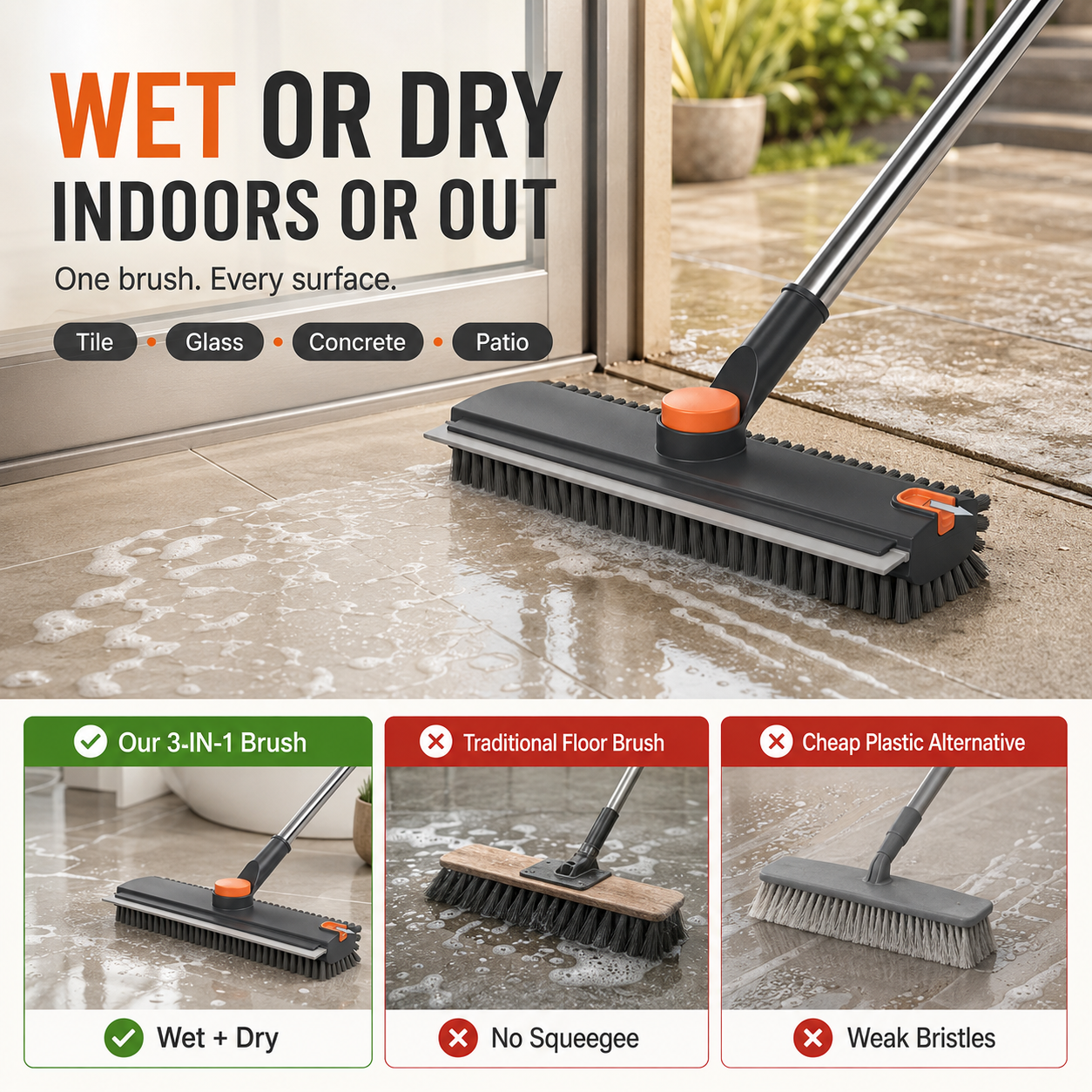 3-in-1 Floor Scrub Brush | 360° Head & 52-In Handle