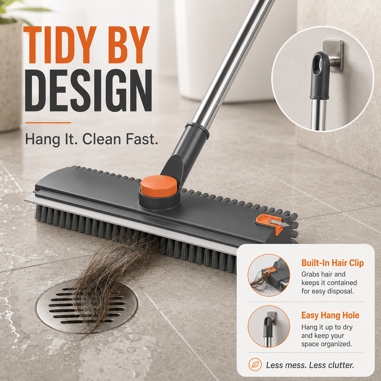 3-in-1 Floor Scrub Brush | 360° Head & 52-In Handle