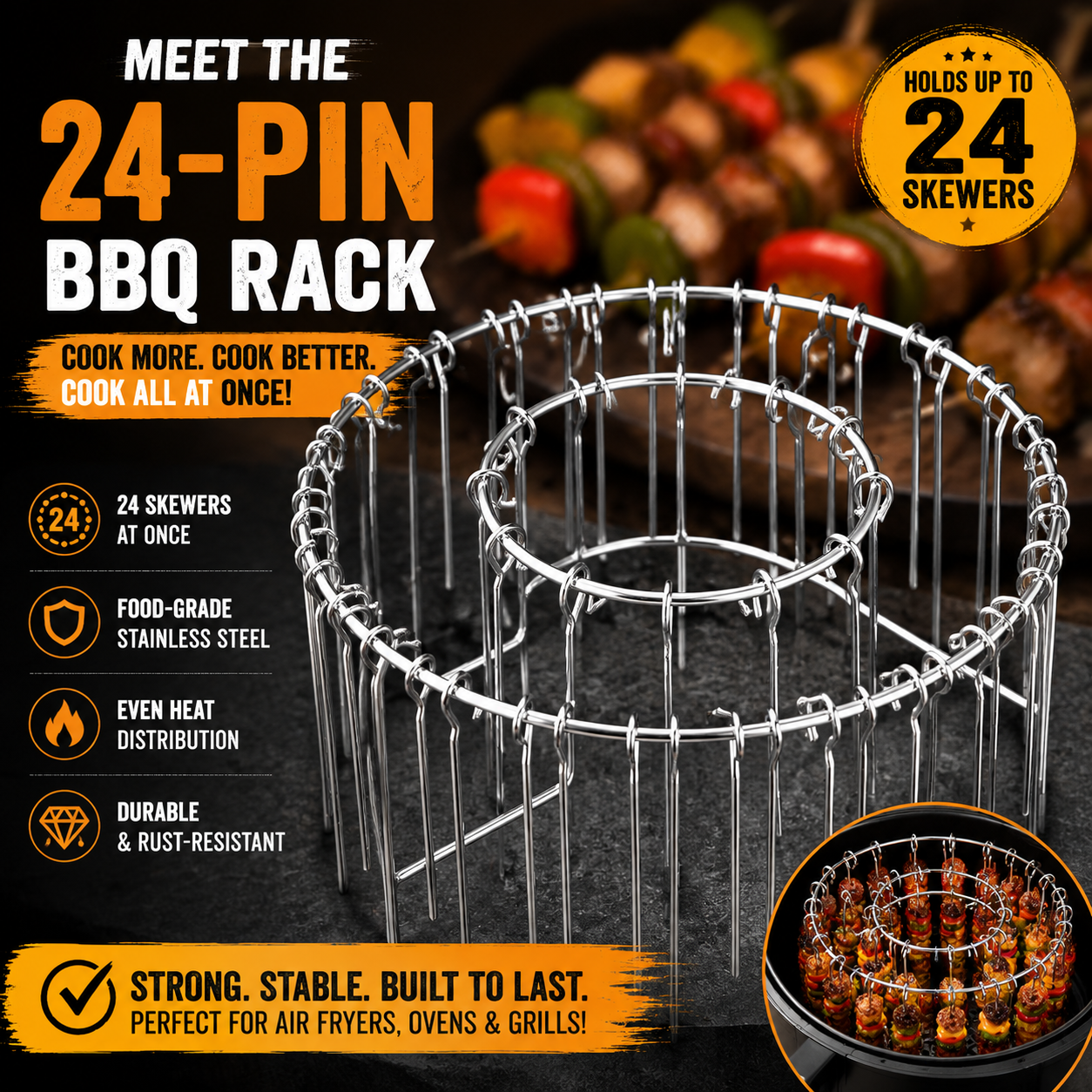 🔥Air Fryer Kebab Rack – 304 Stainless Steel Skewer Grill Stand 🍢