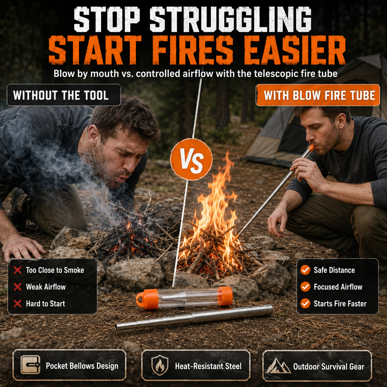 Telescopic Stainless Steel Blow Fire Tubev