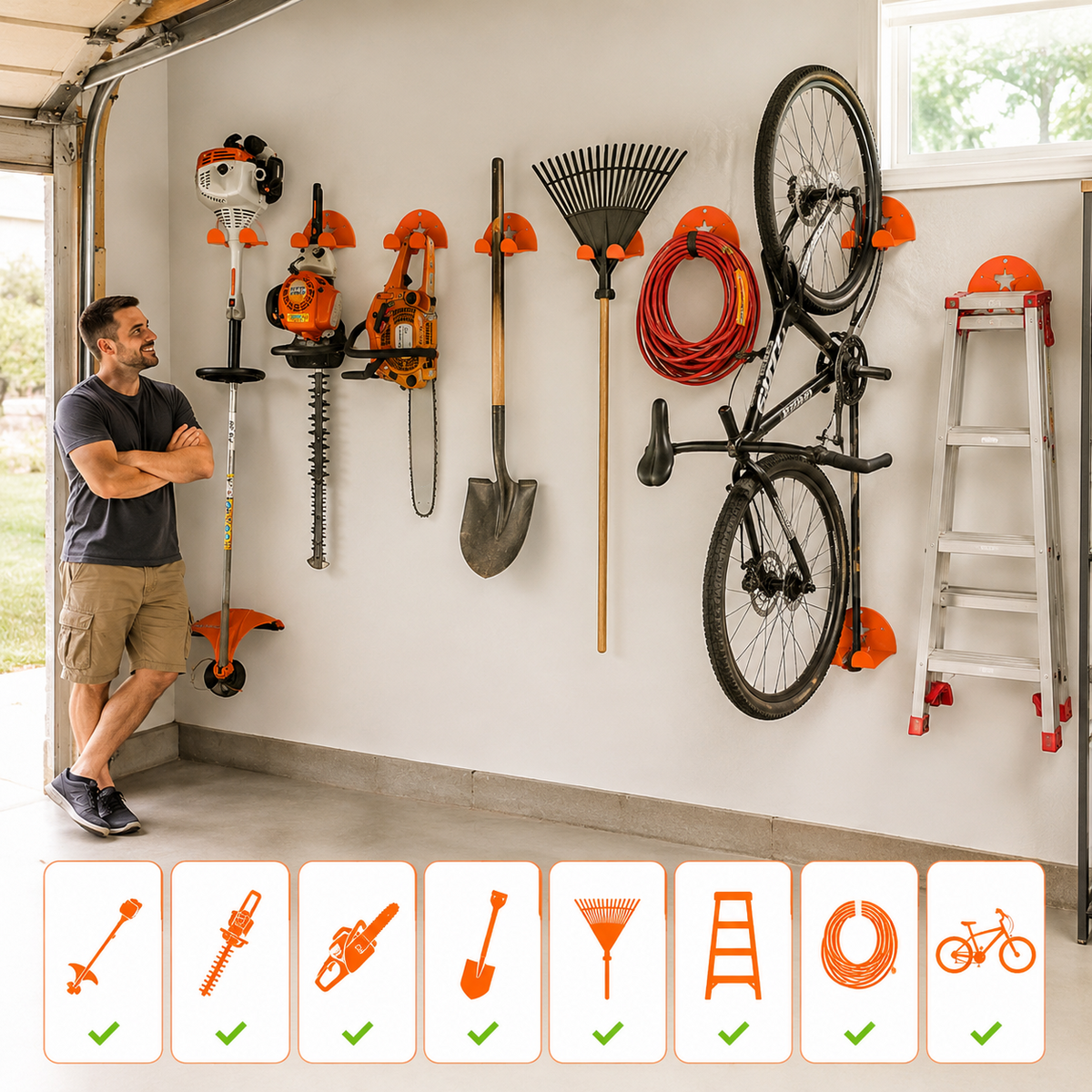 Heavy-Duty Garage Wall Tool Organizer & Weed Eater Rack