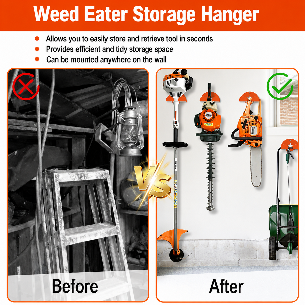 Heavy-Duty Garage Wall Tool Organizer & Weed Eater Rack