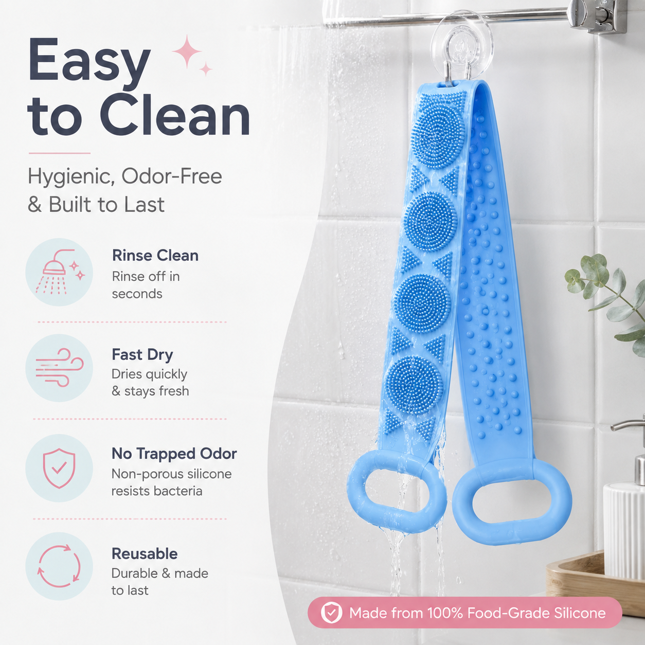 🛁💦 70cm Extra Long Double-Sided Silicone Shower Massager | Easily Clean Your Back