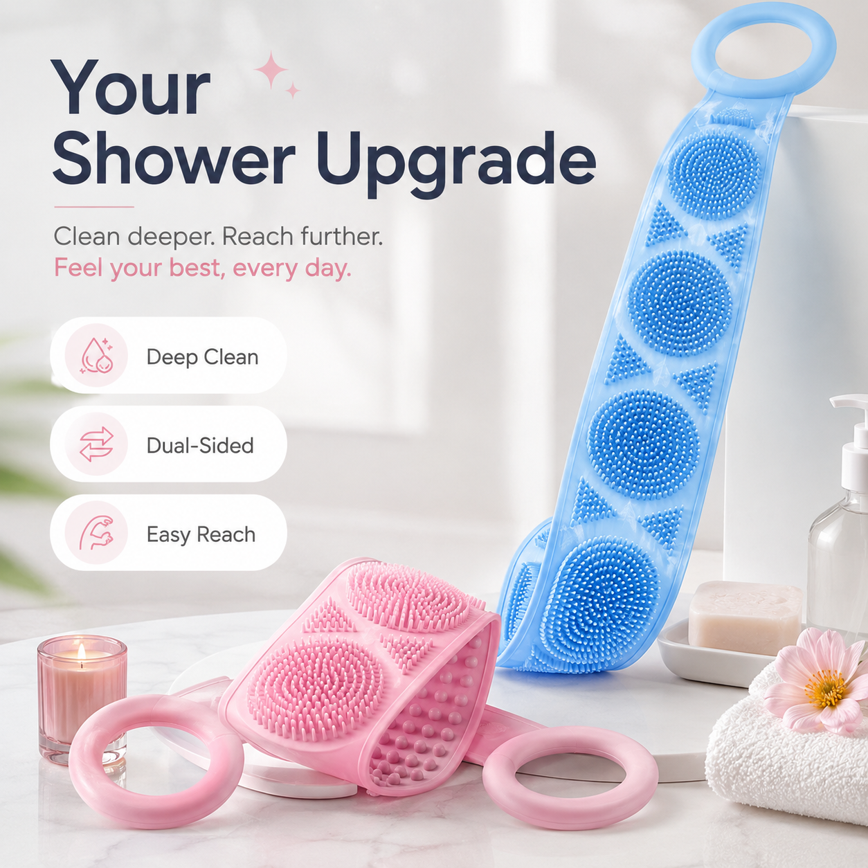 🛁💦 70cm Extra Long Double-Sided Silicone Shower Massager | Easily Clean Your Back