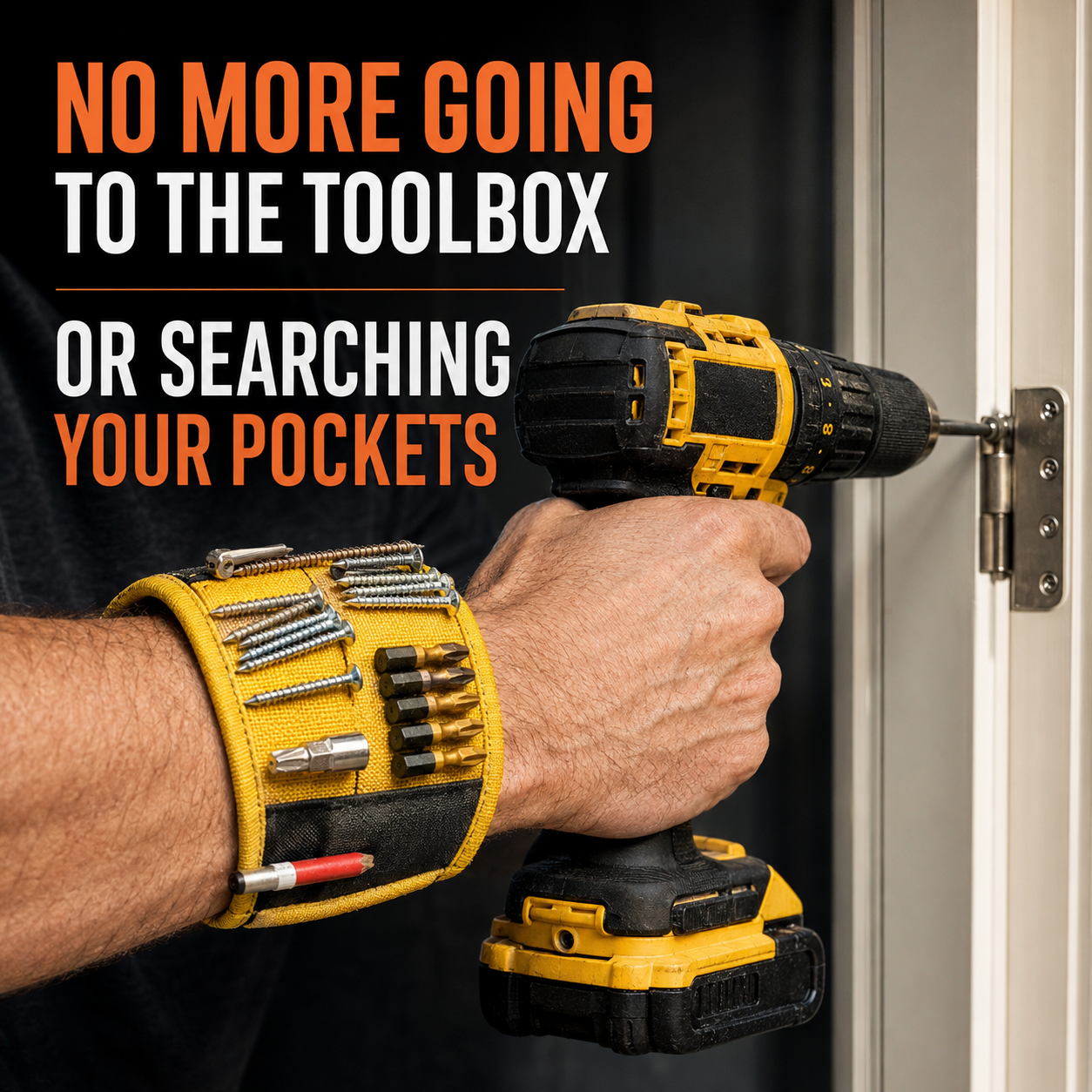 Magnetic wristband holding screws and bits while using a drill