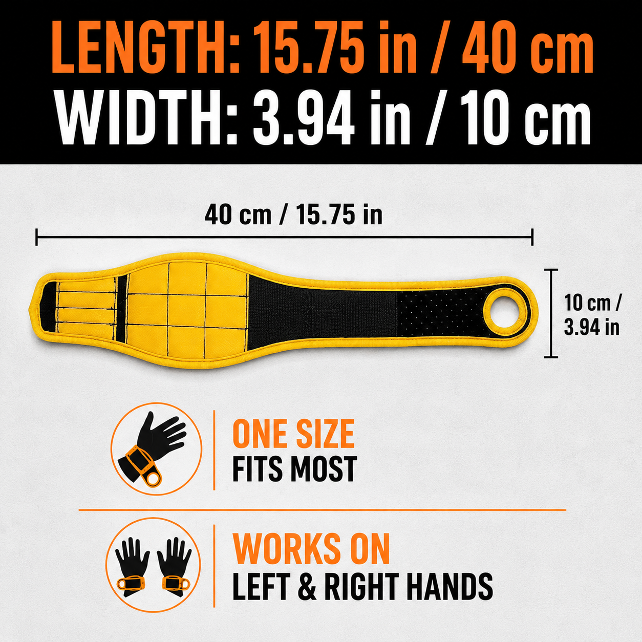 Magnetic wristband size chart showing 40 cm by 10 cm dimensions