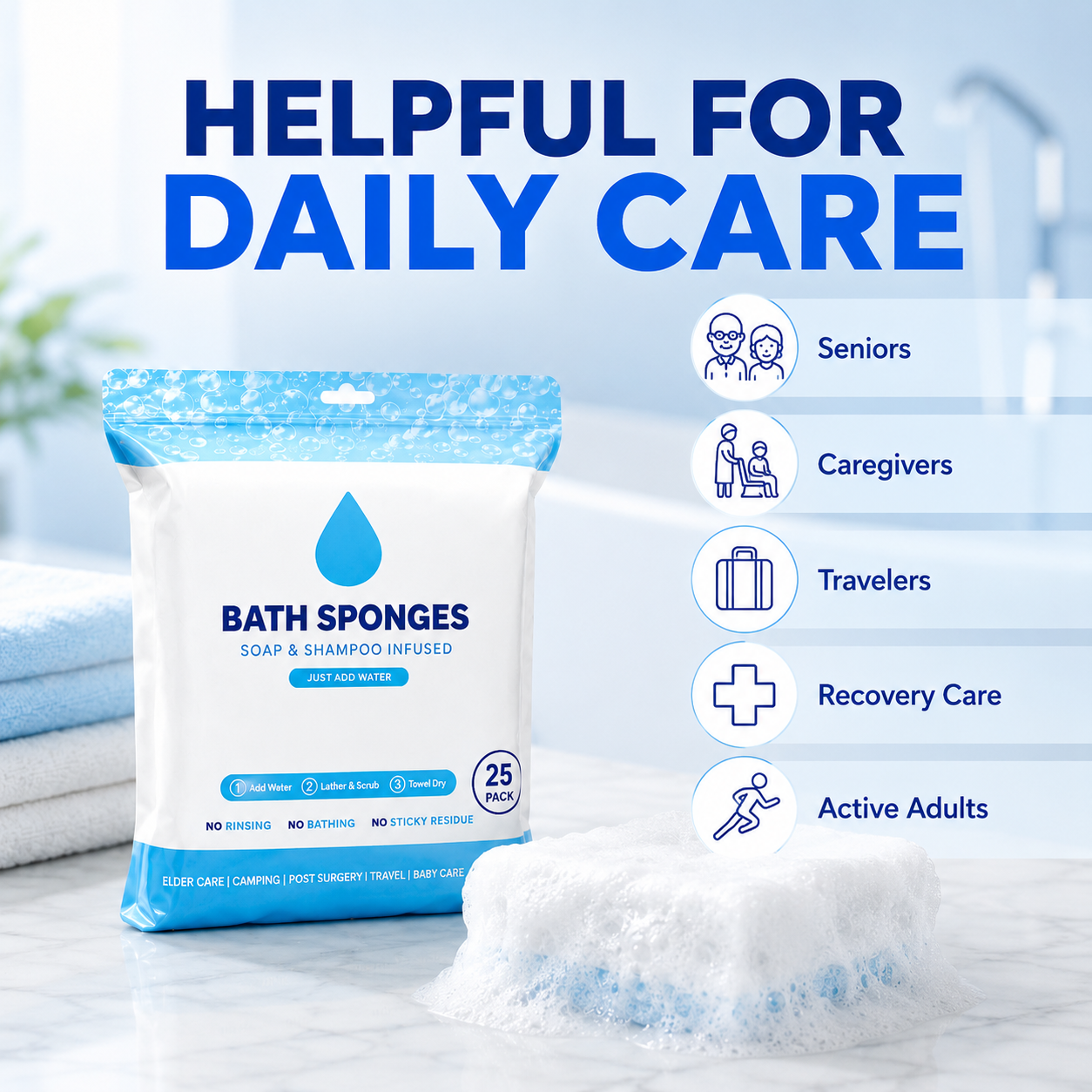 🧼 25-Pack Rinse-Free Disposable Bath Sponges with Soap & Shampoo 💧
