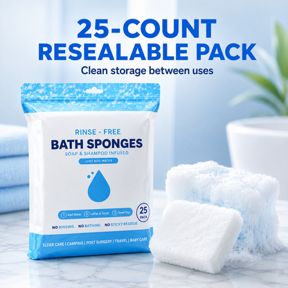 🧼 25-Pack Rinse-Free Disposable Bath Sponges with Soap & Shampoo 💧