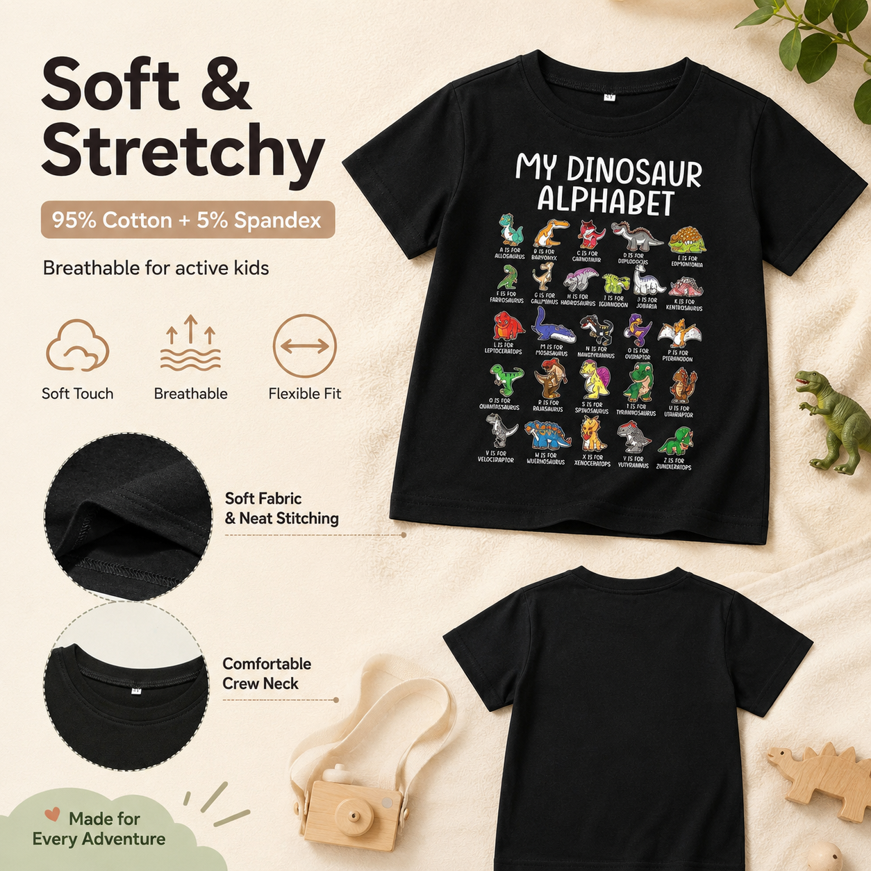 🦖Boys Dinosaur Alphabet T-Shirt | Soft Stretchy Kids Tee