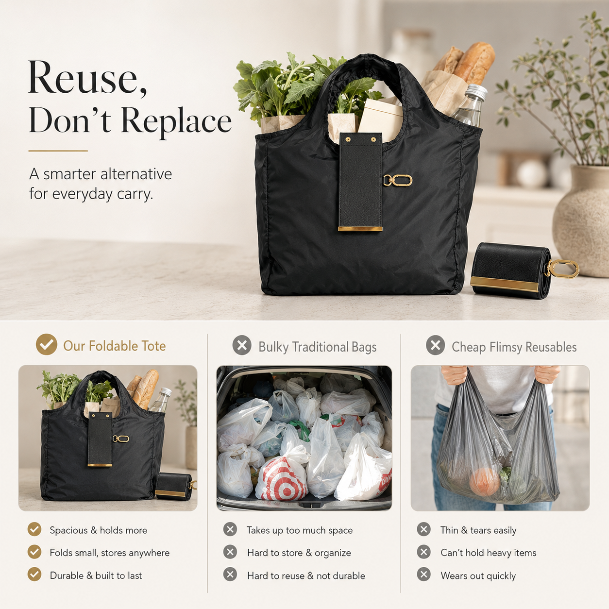 ✨Foldable Reusable Shopping Tote Bag with Clip Pouch