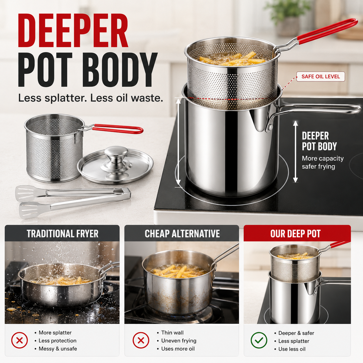 🔥304 Stainless Steel Deep Fryer Pot with Basket, Lid & Tongs