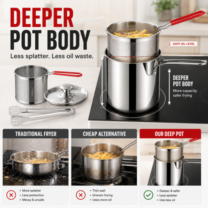 🔥304 Stainless Steel Deep Fryer Pot with Basket, Lid & Tongs